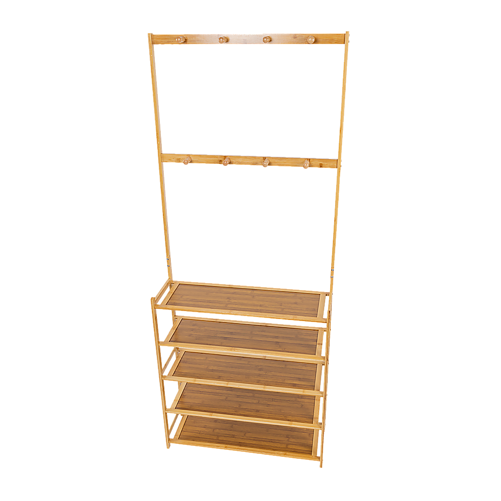 Bamboo hall stand with coat hooks and five-tier shoe rack showing darker-toned MDF shelf surfaces