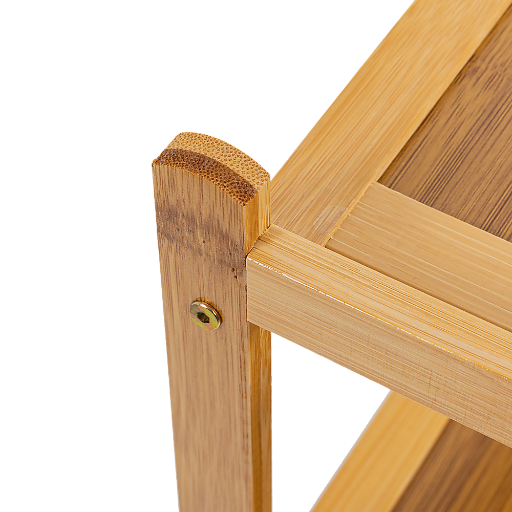 Close-up of bamboo hall stand corner joint showing wood grain and screw fastening detail