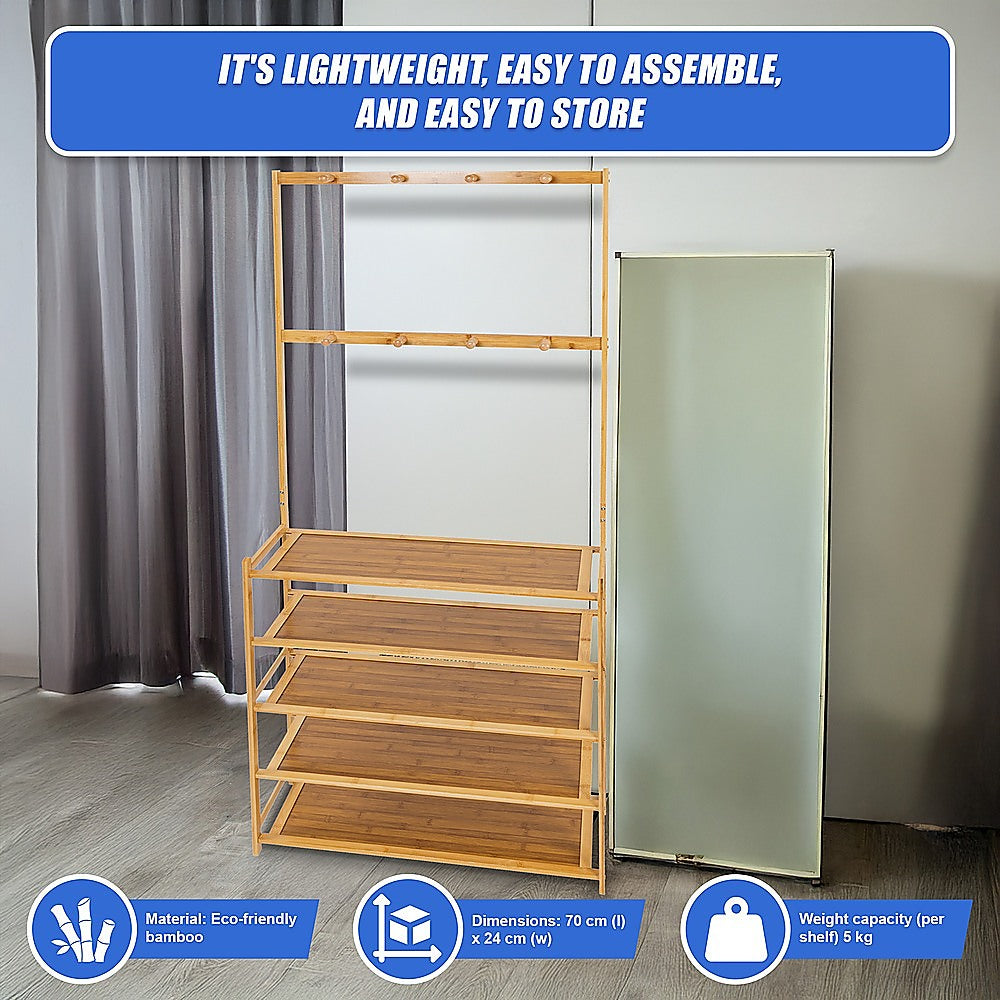 Bamboo hall stand infographic showing 70cm length by 24cm width with eco-friendly bamboo material callout