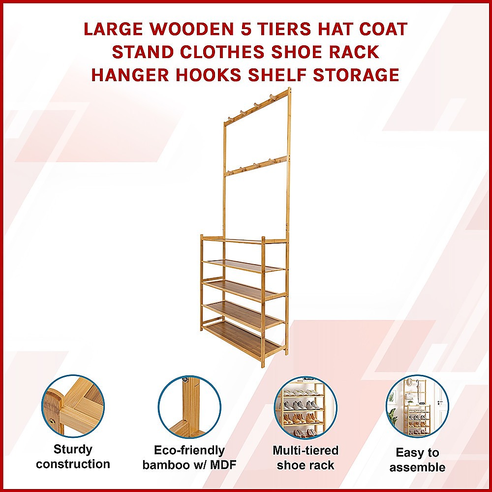 Bamboo hat coat stand and shoe rack features infographic with four callout circles on product detail