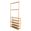 Bamboo hall stand with coat hooks and five-tier shoe shelf front view on white background