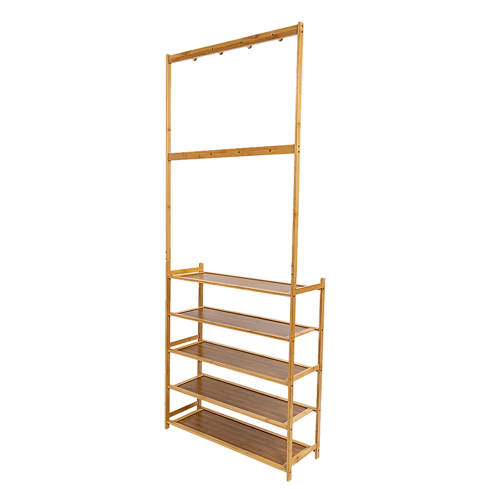 Bamboo hall stand with coat hooks and five-tier shoe shelf front view on white background