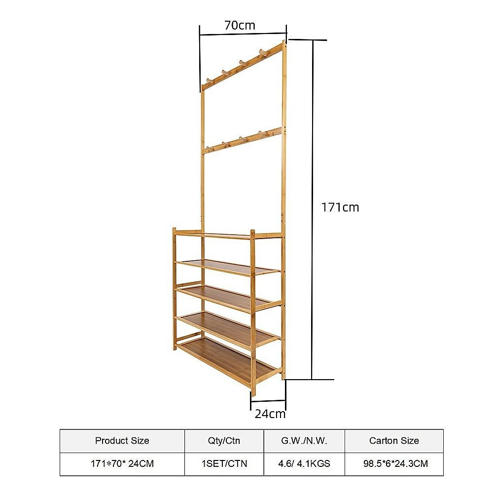Bamboo hall stand dimensions diagram showing 171cm height 70cm width 24cm depth with product data table