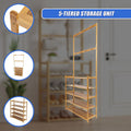 Bamboo hall stand labelled 5-tiered storage unit infographic with three thumbnail product view circles