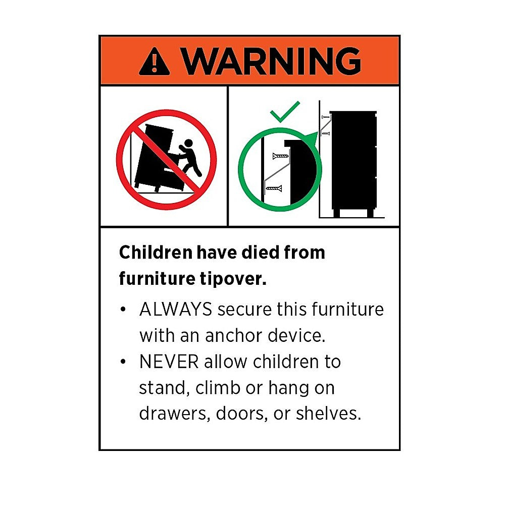 Furniture tipover warning label for bamboo hall stand advising to anchor with an anchor device