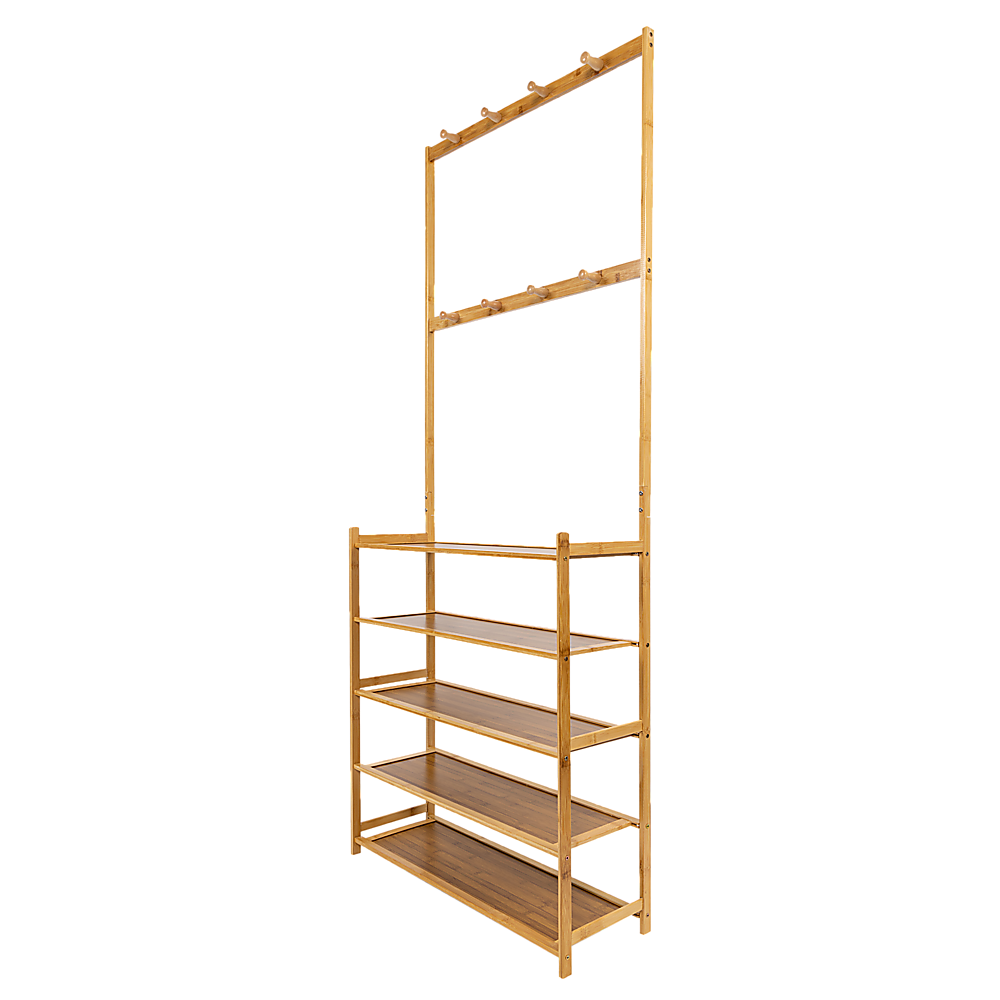 Bamboo hall stand with coat hooks and five-tier shoe rack against curtained background on wood floor