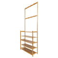 Bamboo hall stand with coat hooks and five-tier shoe rack against curtained background on wood floor