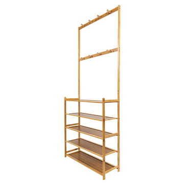 Bamboo hall stand with coat hooks and five-tier shoe rack against curtained background on wood floor