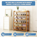 Bamboo 6-tier shoe rack in room with handles design banner and 70x25x98cm material specs at base