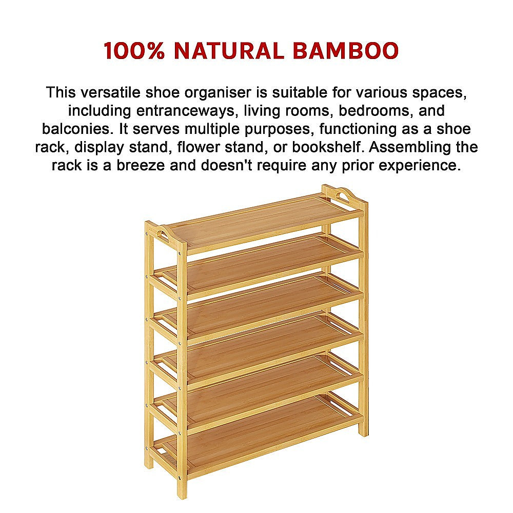 100% Natural Bamboo heading with bamboo 6-tier shoe rack and description of versatile multipurpose uses