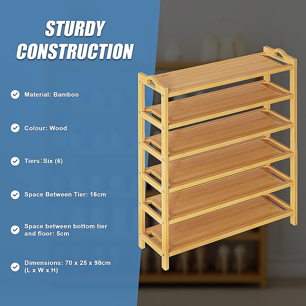 Sturdy construction infographic for bamboo 6-tier shoe rack: bamboo, 6 tiers, 16cm spacing, 70x25x98cm