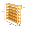 Natural bamboo 6-tier handle shoe rack dimensions: 98cm tall, 70cm wide, 25cm deep, 16cm tier spacing