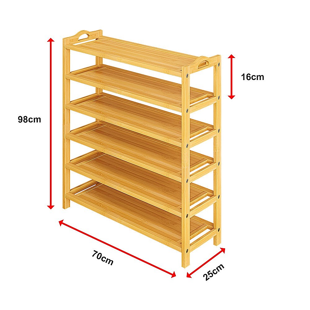Natural bamboo 6-tier handle shoe rack dimensions: 98cm tall, 70cm wide, 25cm deep, 16cm tier spacing