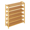 Natural bamboo 6-tier shoe rack with solid shelves and handle side uprights, empty, front view