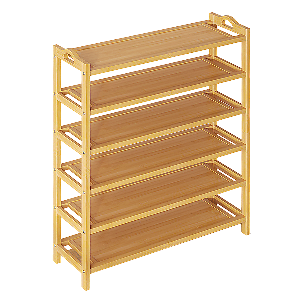 Natural bamboo 6-tier shoe rack with solid shelves and handle side uprights, empty, front view