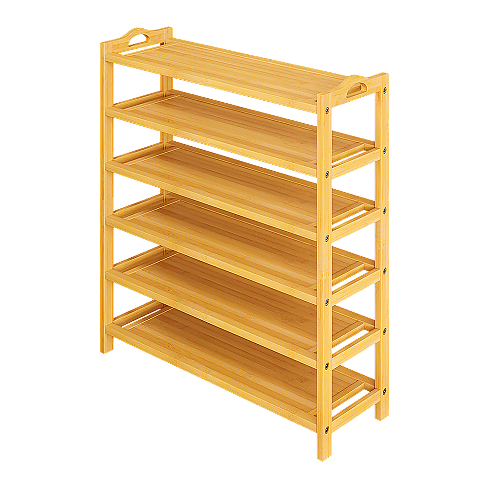 Natural bamboo 6-tier shoe rack with handle cutout uprights and 6 solid shelves, empty, white background