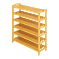 Natural bamboo 6-tier shoe rack with handle cutout uprights and 6 solid shelves, empty, white background