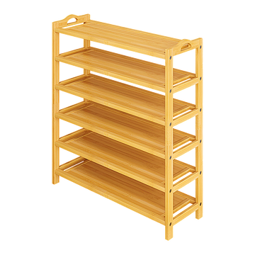 Natural bamboo 6-tier shoe rack with handle cutout uprights and 6 solid shelves, empty, white background