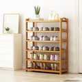 Natural bamboo 6-tier shoe rack fully loaded with shoes, bag and plant on top shelf, in room setting