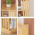 Four close-up detail panels of bamboo rotating shelf: flat top surface, book-filled shelves, mesh basket, rubber floor pads