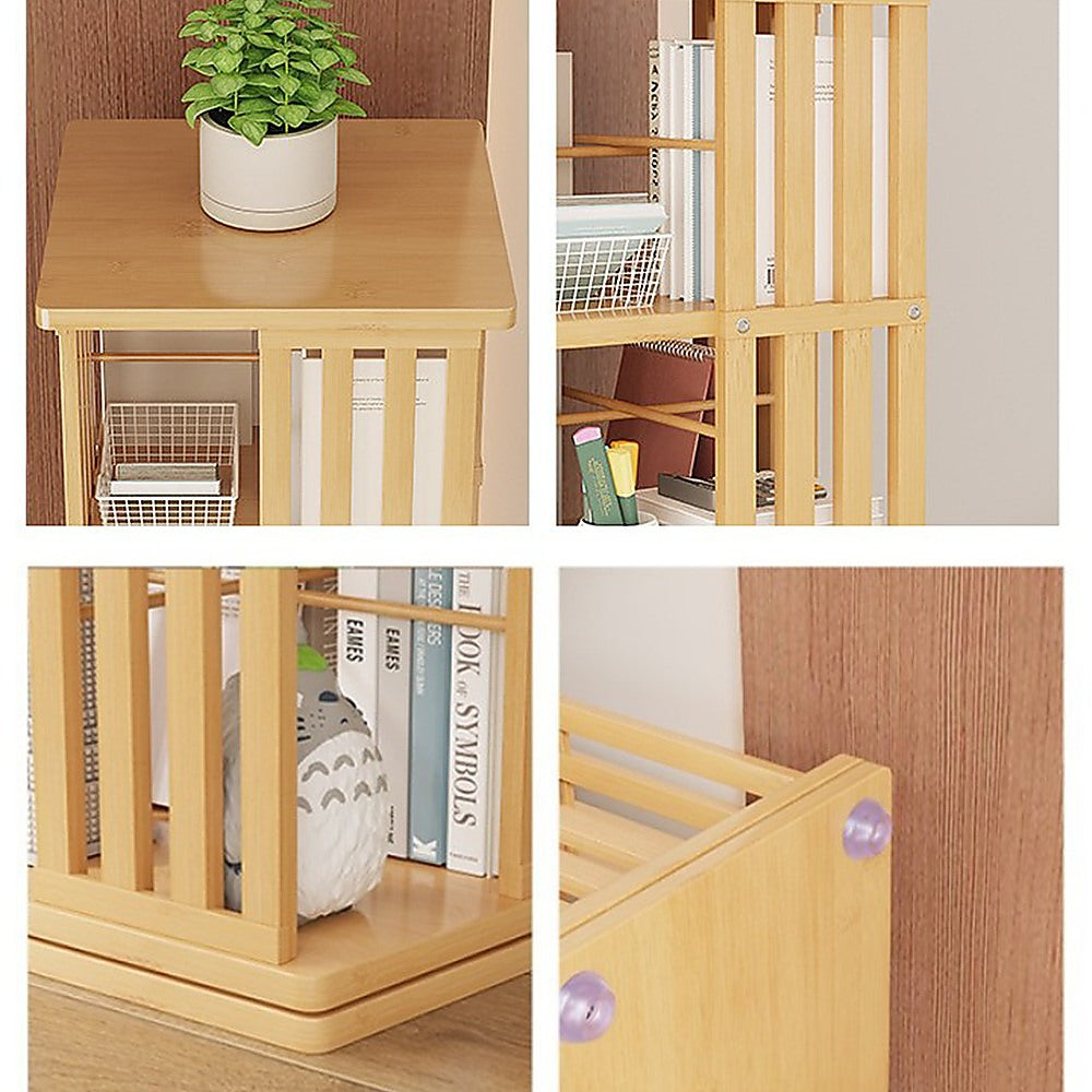 Four close-up detail panels of bamboo rotating shelf: flat top surface, book-filled shelves, mesh basket, rubber floor pads