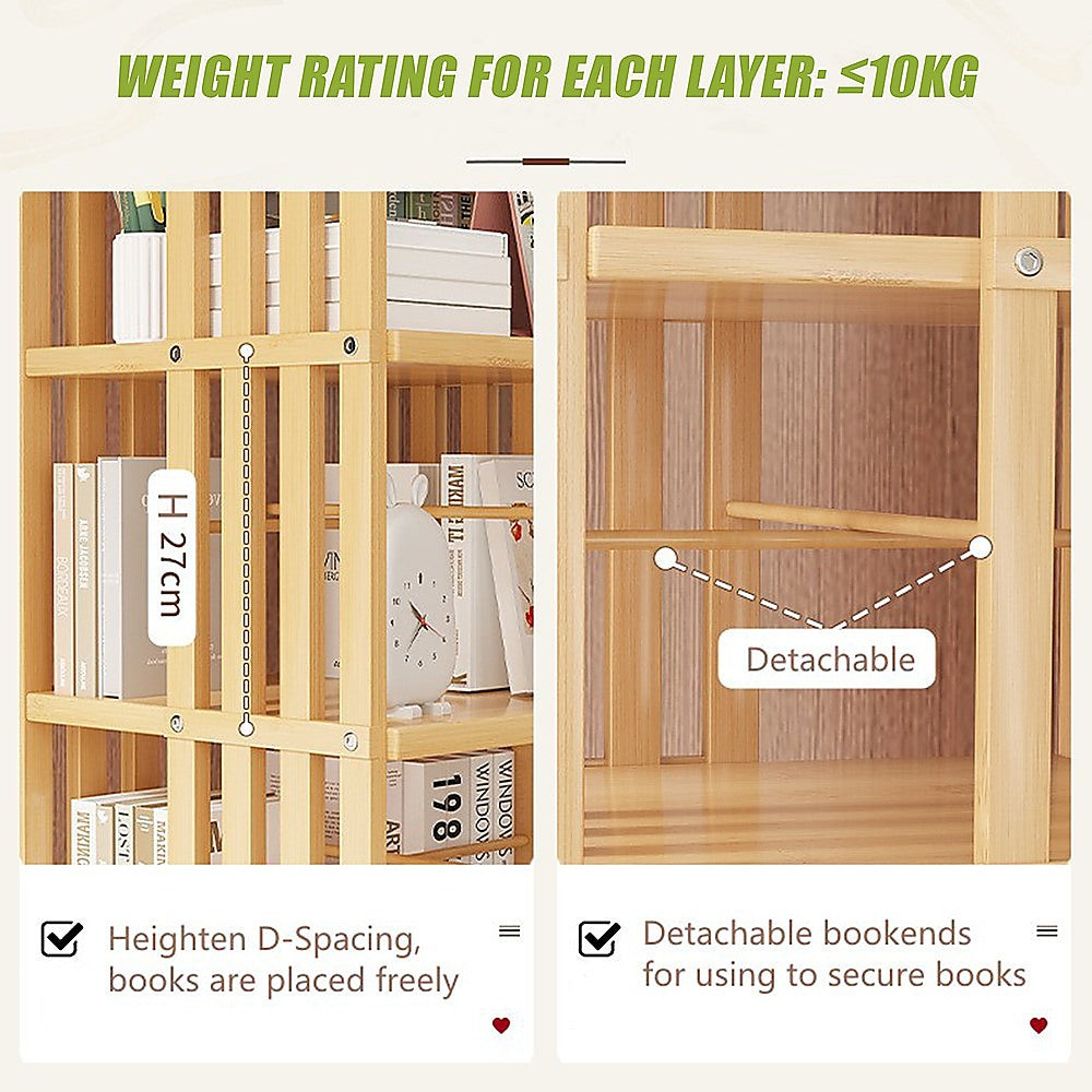 Two-panel detail: shelf height 27cm with books freely placed, and detachable bookends; weight rating 10kg per layer