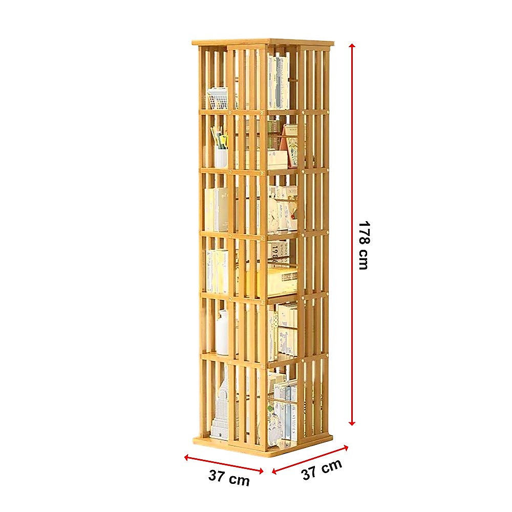 Bamboo rotating tower bookshelf filled with books, dimensions diagram: 37cm wide, 37cm deep, 178cm tall