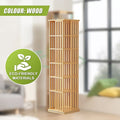 Natural wood slat rotating tower shelf empty in living room, text: Colour: Wood, Eco-Friendly Materials badge