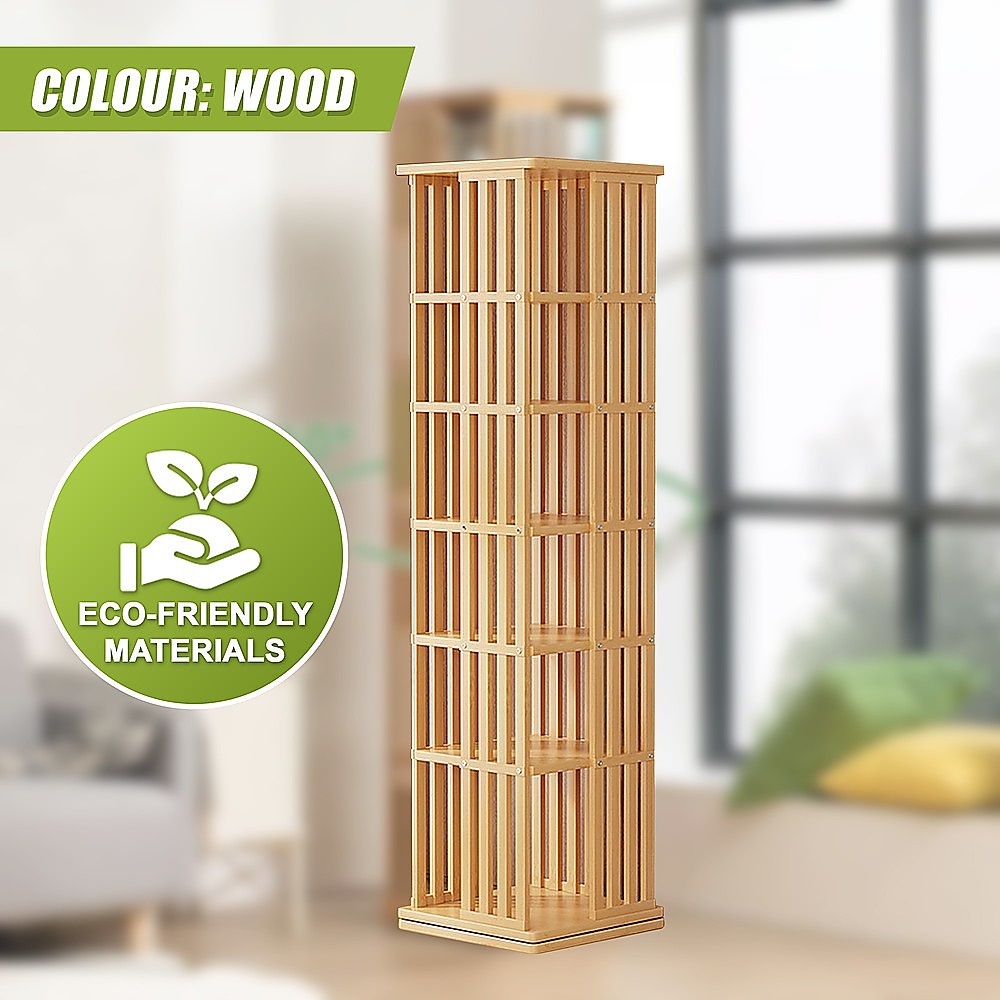 Natural wood slat rotating tower shelf empty in living room, text: Colour: Wood, Eco-Friendly Materials badge
