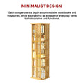 Bamboo rotating tower shelf loaded with books, text: Minimalist Design, compartments fit most books and magazines