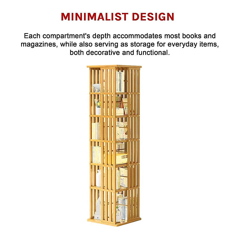 Bamboo rotating tower shelf loaded with books, text: Minimalist Design, compartments fit most books and magazines