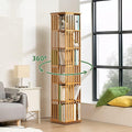 Bamboo slat rotating tower bookshelf filled with books in living room, green 360-degree rotation arrow graphic overlaid