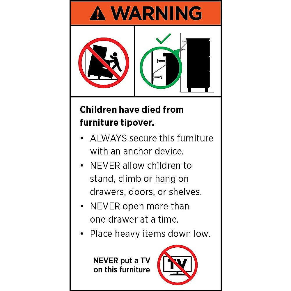 Furniture tipover warning label with icons showing wall anchoring required; text states never place TV on this furniture