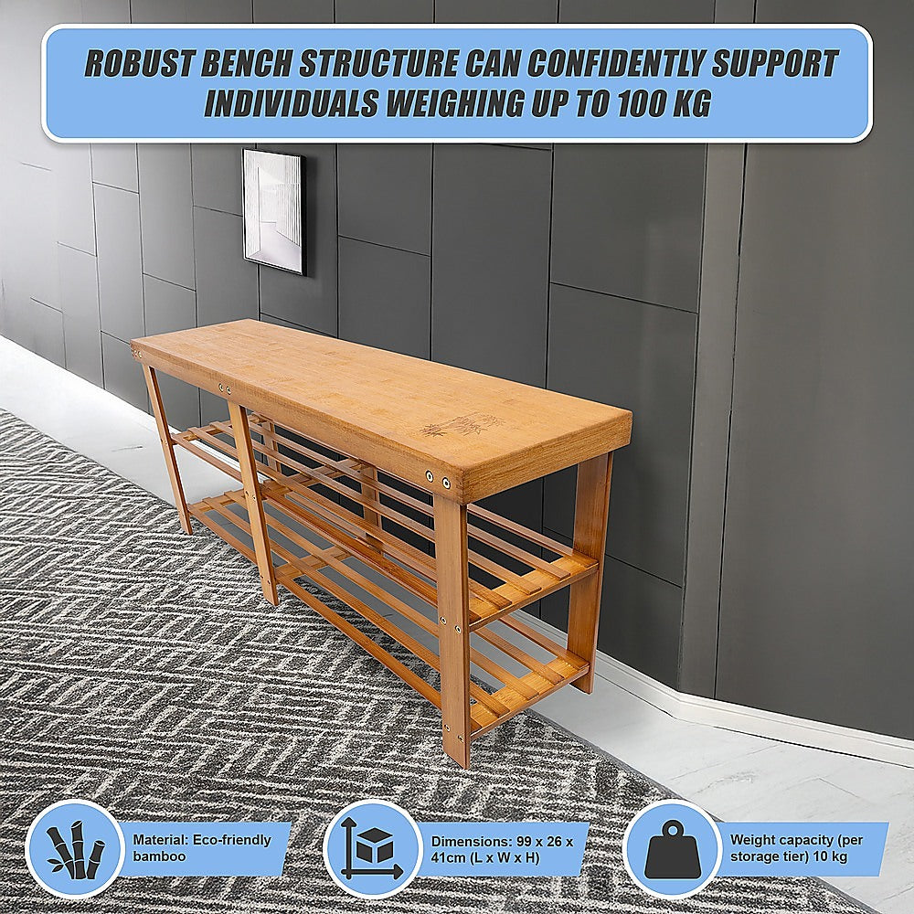 Bamboo shoe bench in hallway with 100kg bench capacity text and dimensions 99x26x41cm labeled