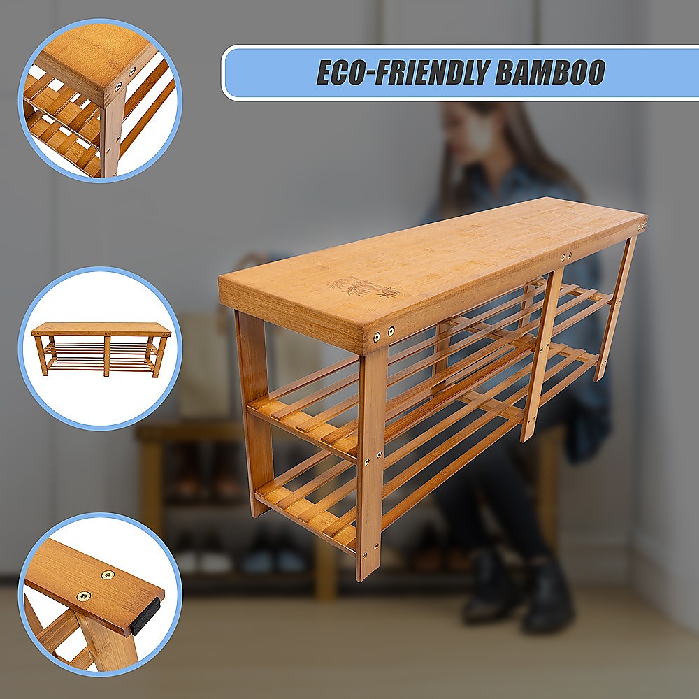 Eco-Friendly Bamboo infographic for bamboo shoe bench with three callout detail circles and user silhouette
