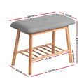 Dimensions diagram: bamboo shoe bench 49cm wide, 30cm deep, 43cm tall, lower shelf at 13cm height