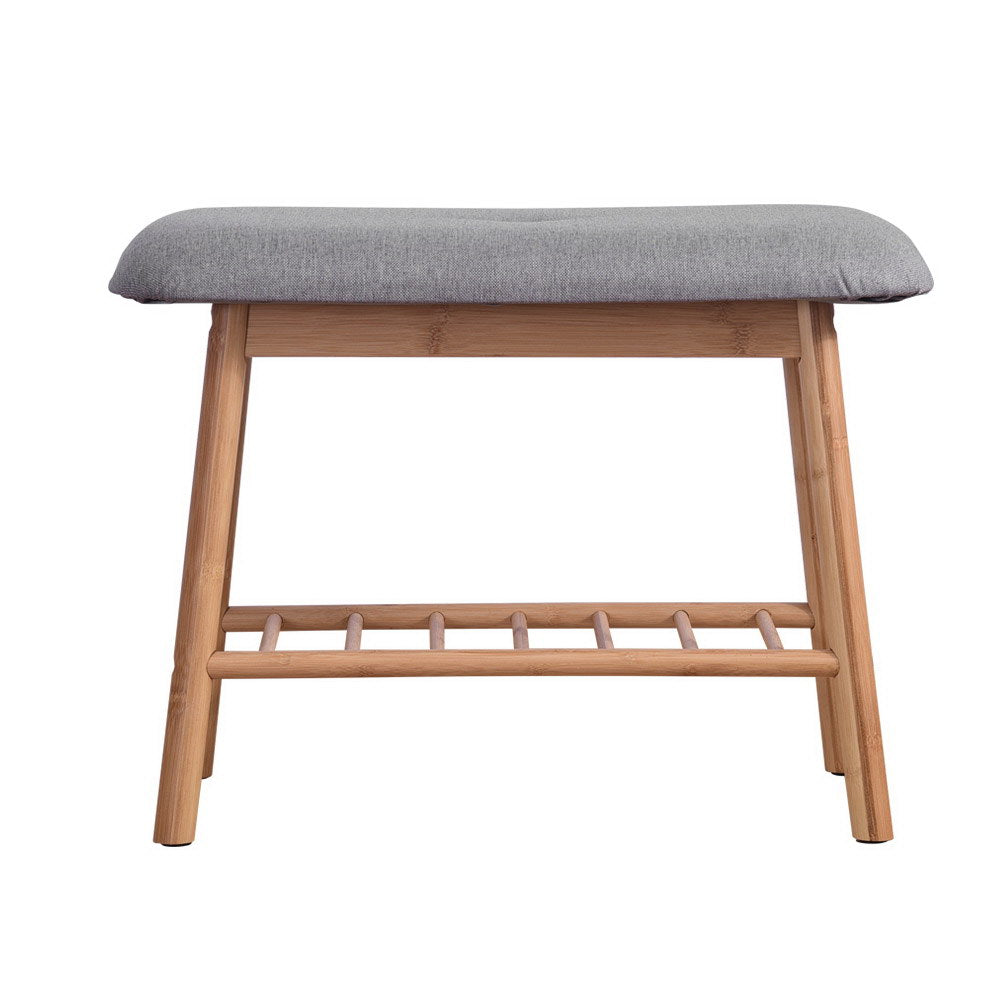 Bamboo shoe bench with grey cushion, front view on white background showing slatted shelf and legs