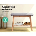Bamboo shoe bench with shoes on lower shelf, clutter-free entrance text, stores up to 3 pairs