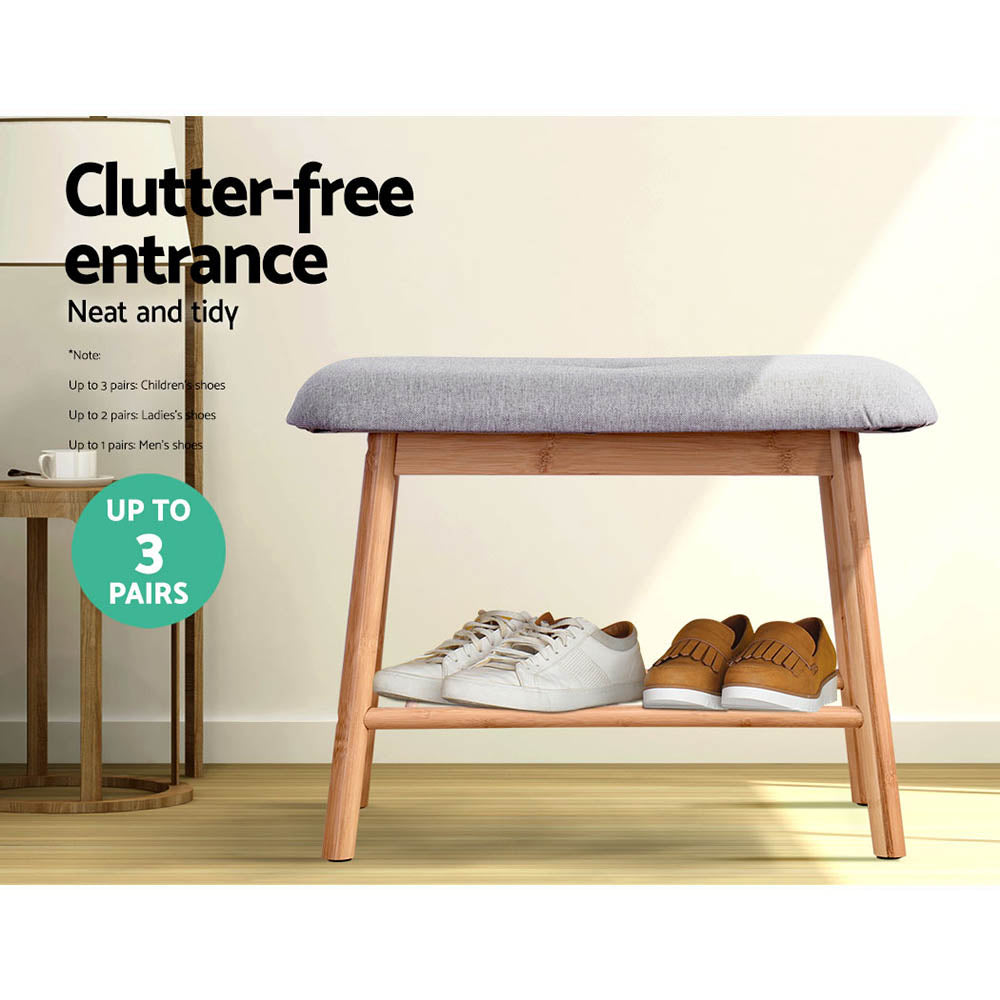 Bamboo shoe bench with shoes on lower shelf, clutter-free entrance text, stores up to 3 pairs