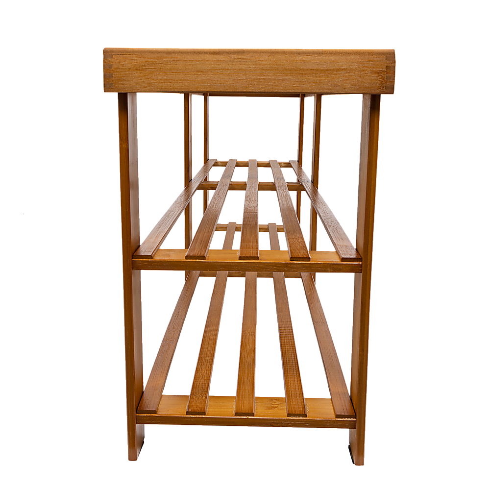 Side profile view of natural bamboo shoe bench showing two-tier slatted storage structure