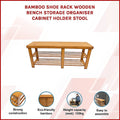 Bamboo shoe rack bench storage infographic with strong construction, eco-bamboo, and 100kg seat capacity features