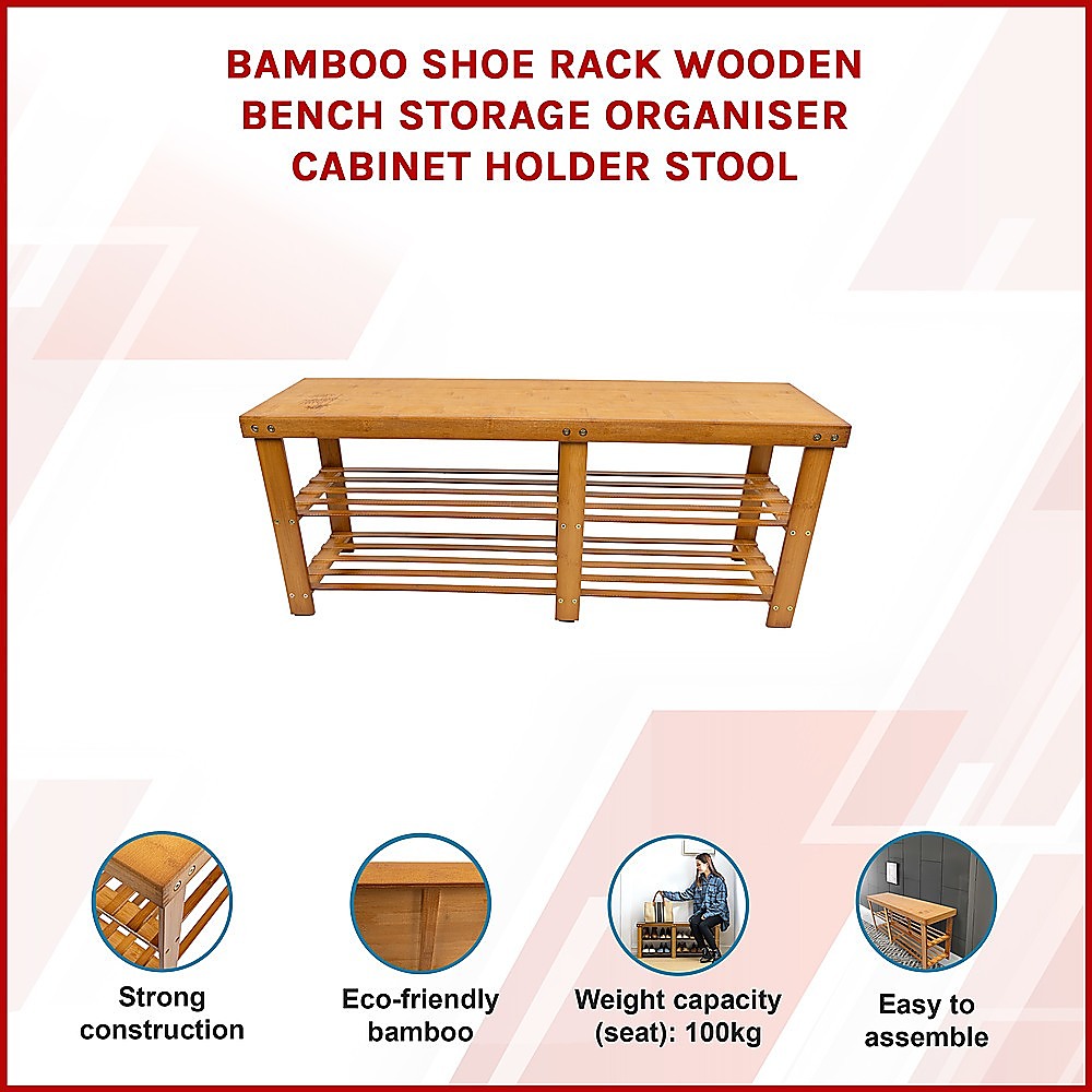 Bamboo shoe rack bench storage infographic with strong construction, eco-bamboo, and 100kg seat capacity features