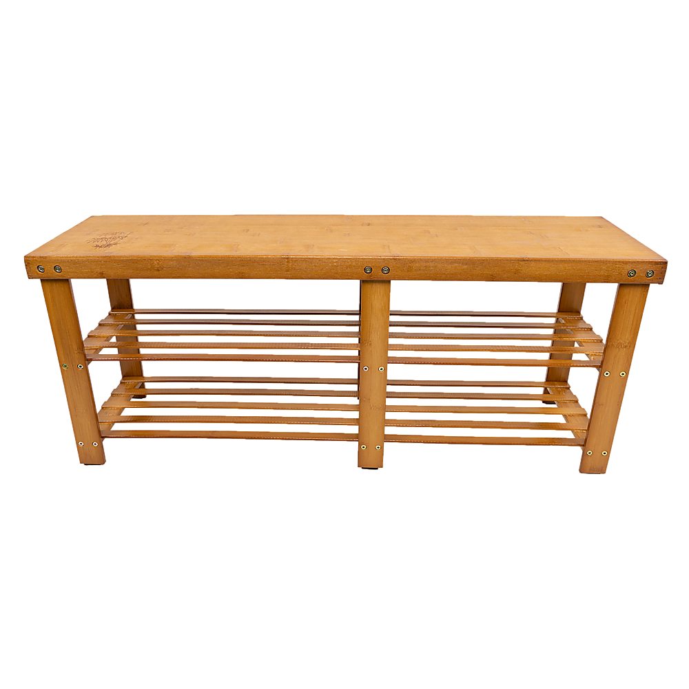 Natural bamboo shoe bench with flat solid seat and two slatted lower shelves, front view white background