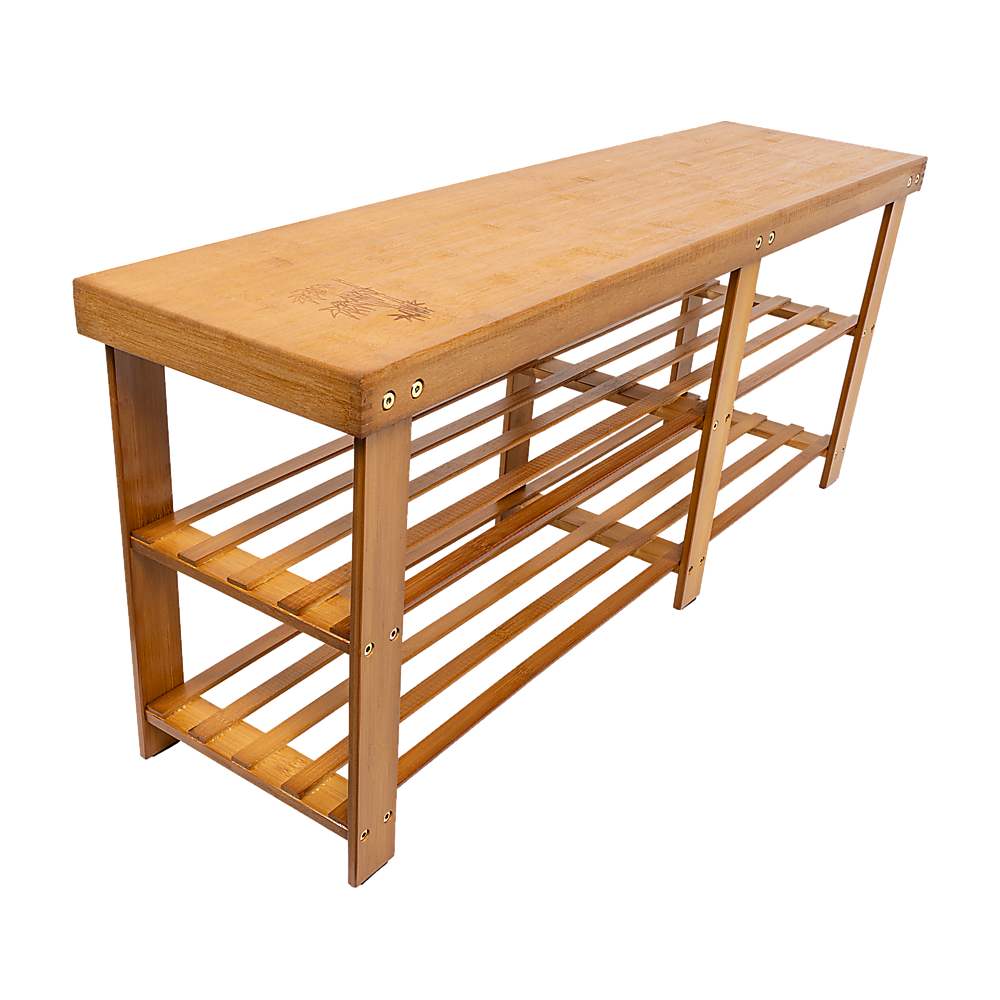 Natural bamboo shoe bench with solid flat top and two slatted storage tiers, product shot on white