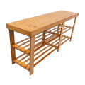 Natural bamboo shoe bench with solid flat top and two slatted storage tiers, product shot on white
