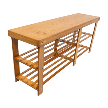 Natural bamboo shoe bench with solid flat top and two slatted storage tiers, product shot on white