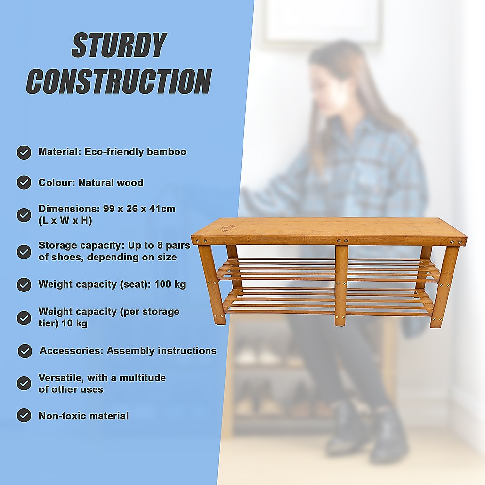 Sturdy construction infographic listing bamboo bench specs: 99x26x41cm, 100kg seat, 10kg tier capacity