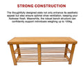Natural bamboo shoe bench with strong construction text callout showing slatted tier design front view