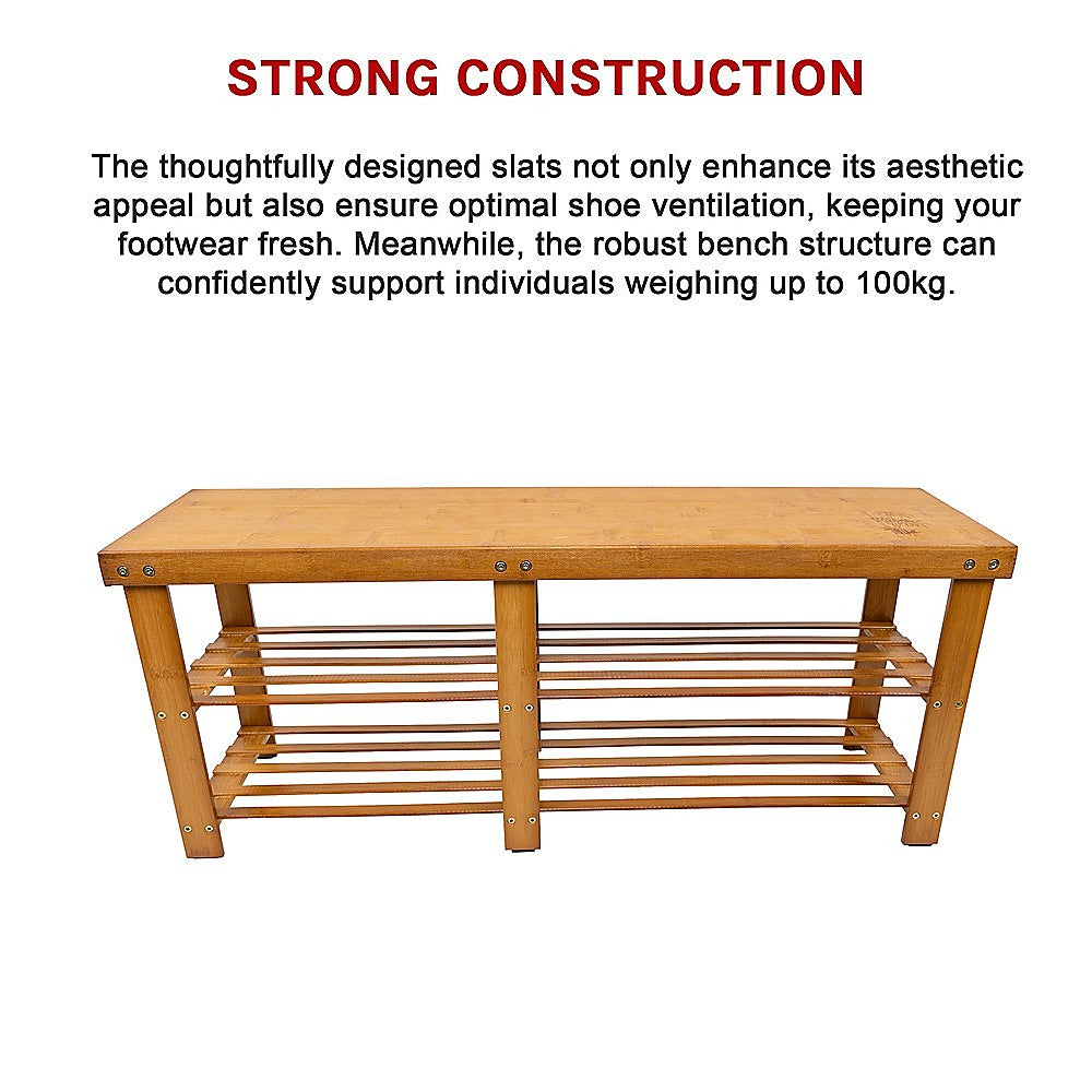 Natural bamboo shoe bench with strong construction text callout showing slatted tier design front view