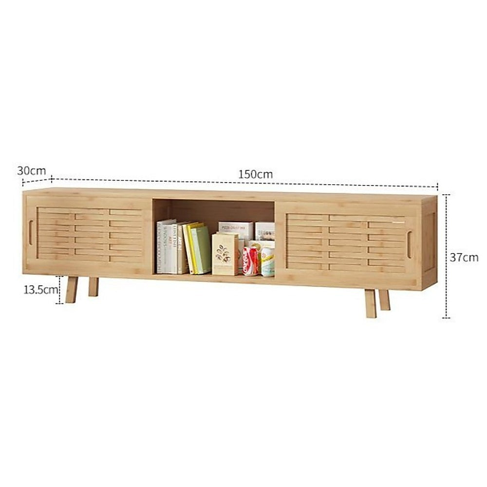 Natural bamboo TV unit dimension diagram 150x30x37cm 13.5cm leg height center open bay with books shown